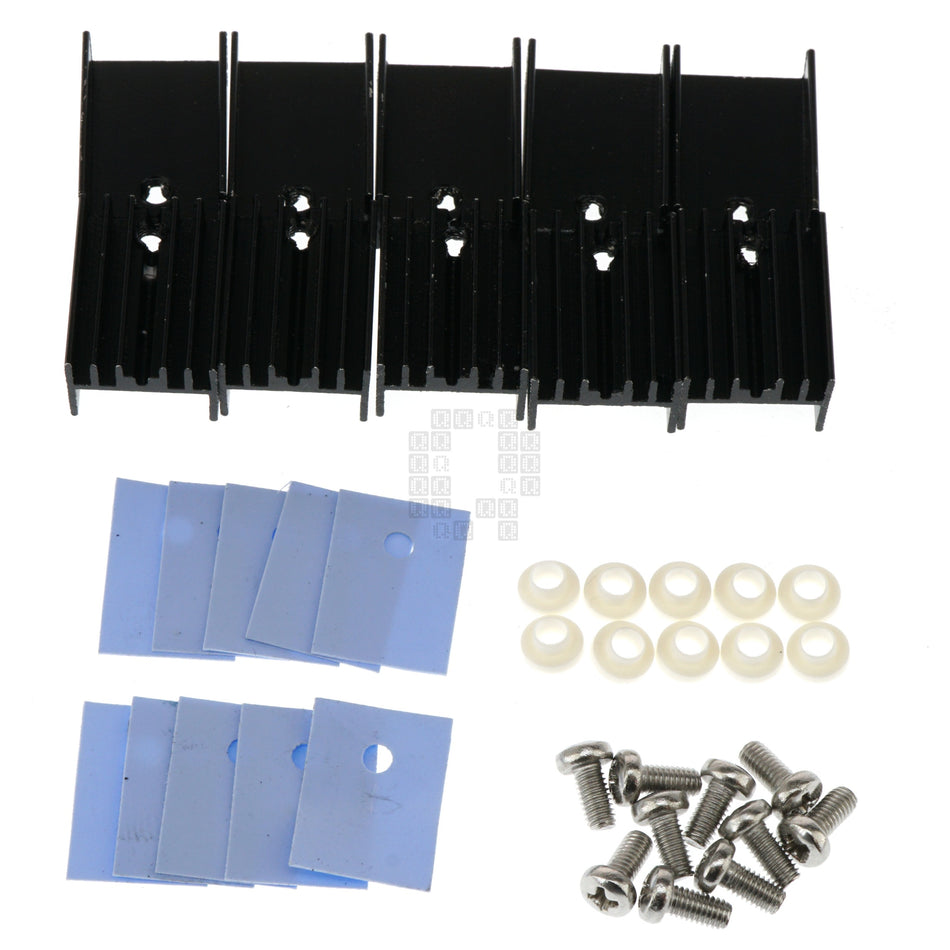 TO-220 Black Aluminum Heatsink Set with Bushings, Pads & Screws, 20x15x10mm, 10 Pack